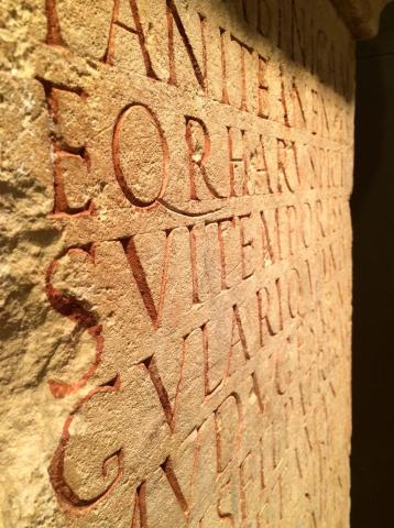 Détail de la stèle de l'haruspice, époque gallo=romaine, calcaire / Musées de Poitiers, S. Coussay
